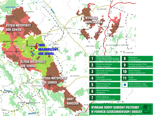Mapa obrazująca wybrane formy ochrony przyrody w Powiecie Dzierżoniowskim