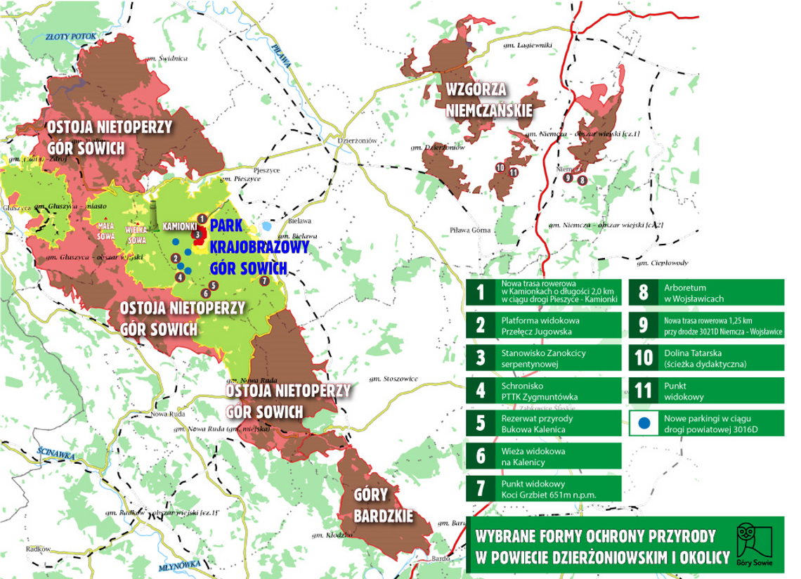 Mapa obrazująca wybrane formy ochrony przyrody w Powiecie Dzierżoniowskim